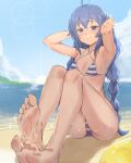  1girl absurdres ahoge armpits barefoot beach bikini blue_bikini blue_eyes blue_hair braid breasts cloud cloudy_sky commentary feet foreshortening highres ketsufan knees_up legs long_hair mushoku_tensei ocean outdoors roxy_migurdia sitting sky small_breasts soles solo striped_bikini striped_clothes sun swimsuit toes twin_braids very_long_hair 