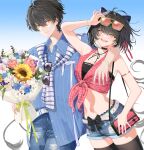  1boy 1girl arm_around_shoulder black_hair black_thighhighs blue_shirt bouquet breasts closed_mouth commentary denim denim_shorts dual_persona eyewear_hang eyewear_on_head female_rover_(wuthering_waves) hair_between_eyes highres holding holding_bouquet jeans looking_at_viewer male_rover_(wuthering_waves) medium_breasts navel open_mouth pants rover_(wuthering_waves) shirt short_shorts shorts smile stomach sunglasses thighhighs thighs tied_shirt tsuaaa untranslatable_commentary unworn_eyewear wuthering_waves yellow_eyes 