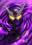  1boy armor black_gloves commentary_request gloves glowing glowing_eyes helmet highres kamen_rider kamen_rider_shinobi kamen_rider_zi-o_(series) kuji-in ninja purple_armor purple_helmet purple_scarf scarf shuriken solo tokusatsu u6_logi upper_body weapon yellow_eyes 