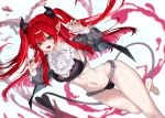  1girl absurdres bib_collar black_horns black_nails black_panties black_wings breasts cleavage commentary_request cosplay demon_girl demon_horns demon_tail demon_wings doa_(xmxa8422) fake_pointy_ears fake_wings frilled_panties frills green_eyes highres horns kitagawa_marin korean_commentary long_hair long_sleeves looking_at_viewer navel open_mouth panties pointy_ears red_hair rizu-kyun rizu-kyun_(cosplay) smile solo sono_bisque_doll_wa_koi_wo_suru tail underwear wings 