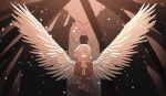  1boy 1girl absurdres angel_wings black_hair black_jacket black_necktie black_thighhighs brown_hair brown_jacket brown_skirt closed_eyes clothes_lift collared_shirt commentary_request danganronpa_(series) danganronpa_3_(anime) faceless faceless_male facing_viewer hair_between_eyes highres hope's_peak_academy_school_uniform jacket kamukura_izuru korean_commentary light_particles long_hair long_sleeves medium_hair messy_hair nanami_chiaki necktie no_hair_ornament open_clothes open_jacket own_hands_clasped own_hands_together pleated_skirt school_uniform shirt skirt skirt_lift thighhighs upper_body white_shirt wings yobiglskxk 
