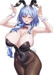 1girl alternate_costume animal_ears armpits arms_up bare_shoulders black_hairband black_leotard blue_hair blush bow breasts brown_pantyhose cleavage commentary_request covered_navel curvy fake_animal_ears full_cleavage hair_bow hairband highleg highleg_leotard highres hololive large_breasts leotard long_hair looking_at_viewer mature_female multicolored_hair one_eye_closed open_mouth pantyhose pekomama playboy_bunny plunging_neckline rabbit_ears rabbit_tail red_eyes shirokuma_a simple_background smile solo tail thick_eyebrows thick_thighs thighs two-tone_hair virtual_youtuber white_background white_bow white_hair wrist_cuffs 