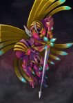  absurdres armor breastplate commentary_request coquitomon digimon digimon_(creature) digimon_day full_armor full_body gauntlets helm helmet highres holding holding_sword holding_weapon knight lordknightmon_x-antibody pink_armor pink_helmet plate_armor shoulder_armor solo spanish_commentary sword weapon winged_helmet wings yellow_wings 