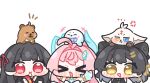  >_< +++ ... 3girls :d aemeath_(wuthering_waves) ahoge anger_vein bare_shoulders black_hair blunt_bangs blush_stickers bow chibi chibi_only chisa_(wuthering_waves) closed_eyes closed_mouth colored_inner_hair commentary_request earrings eating female_rover_(wuthering_waves) hair_bow hair_ornament hair_ribbon hairclip heterochromia highres holding jewelry long_hair mole mole_under_eye multicolored_hair multiple_girls open_mouth pink_hair red_eyes red_ribbon ribbon rover_(wuthering_waves) simple_background smile syurikenmaru two-tone_hair v-shaped_eyebrows wuthering_waves yellow_eyes yellow_ribbon 