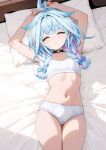  1girl absurdres ahoge bed bed_sheet blue_bow blue_hair bow bra braid commentary flat_chest hair_bow highres hololive hololive_dev_is lying mizumiya_su multicolored_hair navel on_back on_bed otokucha panties pillow pink_hair solo stomach thighs training_bra twin_braids two-tone_hair underwear underwear_only virtual_youtuber white_bra white_panties 