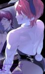  1boy animal_ear_hairband animal_ears ass bare_back bare_shoulders black_background black_leotard bow bowtie commentary crossdressing crossdressing_(mtf) detached_collar facial_mark fake_animal_ears from_behind hairband highres hisoka_morow hunter_x_hunter leotard looking_back male_focus male_playboy_bunny mirror pantyhose rabbit_ear_hairband rabbit_ears rabbit_tail red_hair reflection short_hair smile solo star_(symbol) star_facial_mark strapless strapless_leotard tail teardrop_facial_mark toned toned_male tsumugg untranslatable_commentary watermark wrist_cuffs 