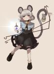  1girl animal_ears bishamonten's_pagoda black_shoes blue_capelet blush capelet commentary_request crystal dowsing_rod full_body glowing grey_hair grey_skirt grey_vest highres holding holding_with_tail igarashi_yuusuke_(wabisabi_buriki) jewelry knee_blush long_sleeves mouse_(animal) mouse_ears mouse_girl mouse_tail nazrin necklace orange_background pendant prehensile_tail red_eyes shirt shoes short_hair skirt skirt_cutout smile socks solo tail touhou vest white_shirt white_socks 