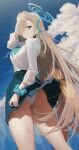  1girl absurdres ass asuna_(blue_archive) asuna_(school_uniform)_(blue_archive) blonde_hair blue_archive blue_bow blue_bowtie blue_eyes blue_halo blue_skirt bow bowtie breasts choker commentary grin hair_over_one_eye hair_ribbon halo highres large_breasts letia long_hair looking_at_viewer panties pantyshot pleated_skirt ribbon scrunchie shirt skirt sleeves_rolled_up smile solo thighs underwear very_long_hair white_panties white_shirt wrist_scrunchie 