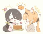  0_0 2girls :d ^_^ black_hair black_hairband blue_archive blush_stickers chibi chibi_only closed_eyes commentary ekoru flying_sweatdrops food green_ribbon grey_shirt hair_ornament hair_over_one_eye hair_ribbon hair_scrunchie hairband halo hinata_(blue_archive) holding holding_plate long_hair long_sleeves low_ponytail mari_(blue_archive) multiple_girls open_mouth orange_hair pie pie_slice pink_shirt plate ponytail pumpkin ribbon scrunchie shirt simple_background smile sweatdrop yellow_background yellow_halo 