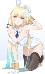 1girl absurdres aizawa_ema all_fours animal_ear_hairband animal_ears aqua_hair arm_up armpits bare_shoulders black_thighhighs blonde_hair blue_eyes blue_necktie breasts bunny_day cleavage closed_mouth commentary detached_collar fake_animal_ears gloves gradient_hair hair_ribbon hairband hamigaki_(hikaruyusi) highres lace-trimmed_thighhighs lace_trim large_breasts leotard long_hair looking_at_viewer multicolored_hair necktie playboy_bunny rabbit_ear_hairband rabbit_ears rabbit_tail ribbon shoes smile solo tail thighhighs virtual_youtuber vspo! white_background white_gloves white_leotard wrist_cuffs yellow_shoes yellow_wrist_cuffs 