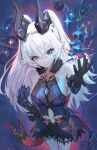  1girl absurdres bare_shoulders black_gloves black_horns blue_background blue_dress blue_eyes breasts clothing_cutout collarbone crossed_bangs dress elbow_gloves gloves grey_hair hair_between_eyes hand_on_own_hip hand_up heterochromia highres horns lindverne_sunbringer long_hair looking_at_viewer mangsik medium_breasts navel navel_cutout parted_lips see-through_clothes see-through_dress_layer solo sparkle sparkling_eyes yellow_eyes zenless_zone_zero 