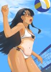  1girl absurdres asymmetrical_bangs ball beach_volleyball bikini black_hair blue_sky breasts earclip freakynira hair_ornament hairclip hand_up highres ijiranaide_nagatoro-san long_hair nagatoro_hayase navel open_mouth playing_sports sky small_breasts solo sweat sweatdrop swimsuit tan tanlines volleyball_(object) volleyball_(sport) volleyball_net white_bikini 