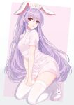  1girl absurdres alternate_costume animal_ears breasts commentary_request dress hat highres kneeling long_hair looking_at_viewer medium_breasts nurse nurse_cap pink_dress pink_hat pink_shoes puffy_short_sleeves puffy_sleeves purple_hair rabbit_ears rabbit_girl red_eyes reisen_udongein_inaba reisen_udongein_inaba_(student_of_a_renowned_doctor) revision shoes short_sleeves solo thighhighs tinatama touhou touhou_lostword very_long_hair white_thighhighs 