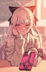  1girl absurdres black_bow blush bow box closed_mouth collared_shirt commentary_request gift gift_box grey_eyes hair_bow head_rest heterochromia highres indoors ishigami_nozomi ishigami_nozomi_(school_uniform) long_hair looking_to_the_side multicolored_hair nijisanji pink_eyes pink_hair red_nails shirt single_off_shoulder solo sweater two-tone_hair virtual_youtuber white_hair white_shirt yozakura_nozomu 