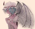  1girl absurdres bat_wings blood blood_on_clothes blood_on_face blue_hair breasts collarbone commentary_request fingernails from_side hands_on_own_chest hat hat_ribbon highres igarashi_yuusuke_(wabisabi_buriki) mob_cap nail_polish pointy_ears puffy_short_sleeves puffy_sleeves red_eyes red_nails red_ribbon remilia_scarlet ribbon sharp_fingernails short_hair short_sleeves small_breasts solo touhou upper_body white_hat white_wings wings 