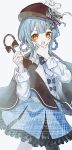  1girl :d ;d artist_name asymmetrical_legwear bird_hat_ornament black_bow black_bowtie black_capelet black_hat black_pantyhose blue_hair blue_necktie blue_skirt bow bowtie braid braided_hair_rings capelet collared_shirt commentary_request cowboy_shot deerstalker frilled_skirt frills futaketefuton hair_bow hair_rings hand_on_own_chin hat hat_bow highres holding holding_magnifying_glass l_hand layered_skirt long_sleeves looking_at_viewer magnifying_glass mahou_shoujo_no_majo_saiban necktie one_eye_closed open_mouth pantyhose plaid_clothes plaid_skirt shirt short_hair signature simple_background single_leg_pantyhose skirt smile solo tachibana_sherry vest watermark white_background white_shirt yellow_eyes 