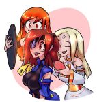  3girls aika_(eternal_arcadia) blonde_hair breasts brown_hair brushing_another's_hair brushing_hair commentary dress english_commentary eternal_arcadia eyepatch facial_mark fina_(eternal_arcadia) forehead_mark genderswap genderswap_(mtf) hair_brush holding holding_brush holding_hair_brush ian_samson long_hair multiple_girls open_mouth orange_hair red_eyes scar scar_on_face vyse 