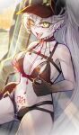  1girl absurdres bare_shoulders baseball_cap bikini black_bikini black_hands black_hat body_markings breasts choker cleavage colored_extremities commentary crossed_bangs demon_girl demon_horns discat fate/grand_order fate_(series) green_eyes grey_hair hair_between_eyes hat highres horns large_breasts lilith_(fate) lilith_(swimsuit_rider)_(first_ascension)_(fate) long_hair looking_at_viewer navel open_fly open_mouth pointy_ears ponytail smile solo stomach_tattoo swimsuit tattoo tongue tongue_out zipper 
