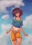  1girl absurdres alt_text artist_logo azumanga_daioh blue_shirt blue_sky brown_eyes brown_hair cloud cloudy_sky commentary dark-skinned_female dark_skin english_commentary eyewear_on_head green_shirt highres kagura_(azumanga_daioh) logo looking_at_viewer medium_hair midriff navel off-shoulder_shirt off_shoulder orange_shorts shirt shorts sky smile solo standing striped_clothes striped_shirt subzerofrog sunglasses tan tanlines two-tone_shirt 