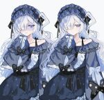  1girl bare_shoulders black_ribbon blue_dress blue_hairband bow closed_mouth commentary dress dress_bow frilled_dress frilled_hairband frilled_sleeves frills gothic_lolita hair_over_one_eye hair_ribbon hairband highres jewelry lolita_fashion lolita_hairband long_hair long_sleeves looking_at_viewer mahou_shoujo_no_majo_saiban multiple_views natsume_an-an necklace nervous_sweating off-shoulder_dress off_shoulder one_eye_covered polka_dot polka_dot_bow purple_eyes ribbon simple_background sinainaruayane sleeve_bow sleeves_past_fingers sleeves_past_wrists sweat turn_pale untranslatable_commentary white_background white_hair wide_sleeves 