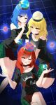  3girls absurdres black_choker black_shirt blonde_hair blue_eyes blue_hair blush chain chimi_(s2yuyukos2) choker clothes_writing commentary earth_(ornament) facing_viewer hecatia_lapislazuli hecatia_lapislazuli_(earth) hecatia_lapislazuli_(moon) highres long_hair looking_at_viewer moon_(ornament) multicolored_skirt multiple_girls multiple_persona one_eye_closed open_mouth red_hair shirt short_sleeves skirt smile t-shirt touhou underworld_(ornament) yellow_eyes 