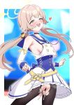  1girl bar_censor black_pantyhose blue_archive blue_choker blue_corset breasts censored choker commentary corset cum cum_in_pussy cumdrip detached_sleeves hair_ornament halo heart hifumi_(blue_archive) highres idol idol_clothes long_hair looking_at_viewer low_twintails meruki mischievous_straight_uniform_(blue_archive) no_panties official_alternate_costume open_mouth pantyhose sideboob skirt sleeveless smile solo sweat teeth torn_clothes torn_pantyhose twintails upper_teeth_only waist_ribbon white_skirt wing_hair_ornament winged_halo yellow_halo 
