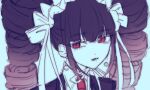  1girl black_hair celestia_ludenberg commentary_request danganronpa:_trigger_happy_havoc danganronpa_(series) drill_hair earrings frills gothic_lolita highres jewelry lolita_fashion necktie nelt planet_earrings red_eyes red_necktie ribbon ringlets school_uniform twin_drills watermark white_headdress white_ribbon 