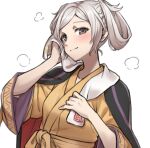  1girl absurdres bath_yukata black_robe blush brown_eyes closed_mouth commentary_request female_robin_(fire_emblem) female_robin_(onsen_tactician)_(fire_emblem) fire_emblem fire_emblem_awakening fire_emblem_heroes hair_rings highres japanese_clothes kimono long_sleeves medium_hair official_alternate_costume official_alternate_hairstyle robe simple_background solo towel towel_around_neck white_hair yellow_kimono yukata zuzu_(ywpd8853) 