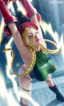  1girl absurdres artist_name beret blonde_hair blue_eyes bodypaint boots bracer breasts cammy_white commentary covered_nipples english_commentary green_leotard hat highres knee_boots leaning_forward leotard long_hair low_twintails mika_dawn red_bracer solo street_fighter street_fighter_6 toned toned_female twintails twitter_username 