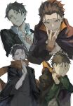  1boy black_hair cloak commentary cropped_torso danroneko hair_slicked_back highres hood hooded_cloak jacket japanese_clothes jewelry kimono long_sleeves looking_at_viewer male_focus multiple_views natsuki_subaru necklace official_alternate_costume official_alternate_hairstyle orange_scarf re:zero_kara_ayamatsu_isekai_seikatsu re:zero_kara_hajimeru_isekai_seikatsu re:zero_kara_kasaneru_isekai_seikatsu re:zero_kara_oboreru_isekai_seikatsu re:zero_kara_tsugihagu_isekai_seikatsu scarf shirt short_hair smile track_jacket track_suit white_background white_shirt yukata 