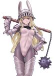  1girl :p animal_ears armor armored_boots ball_and_chain_(weapon) black_bow black_bowtie blonde_hair boots bow bowtie breasts bunny_day closed_mouth commentary_request covered_nipples fake_animal_ears gauntlets grey_leotard grey_pantyhose hand_on_own_hip helmet highres holding holding_ball_and_chain_(weapon) holding_weapon leotard long_hair looking_at_viewer original pantyhose rabbit_ears sato_yoshimi shoulder_armor simple_background smile solo standing thigh_boots tongue tongue_out weapon white_background 