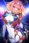  1girl aegis_sword_(xenoblade) armpit_cutout bodysuit breasts closed_mouth clothing_cutout commentary core_crystal_(xenoblade) covered_navel cowboy_shot fingerless_gloves gloves gradient_hair highres looking_at_viewer multicolored_hair official_alternate_costume official_alternate_eye_color official_alternate_hair_color pink_hair pyra_(switch_2)_(xenoblade) pyra_(xenoblade) short_hair smile solo swept_bangs tiara two-tone_hair white_bodysuit xenoblade_chronicles_(series) xenoblade_chronicles_2 yellow_eyes zer00han 