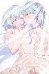  2girls absurdres aqua_hair bang_dream! bang_dream!_girls_band_party! blue_hair blush bridal_veil closed_eyes closed_mouth commentary_request dress green_eyes highres hikawa_hina hikawa_sayo incest jewelry korean_commentary multiple_girls necklace open_mouth short_hair siblings simple_background sisters twincest twins veil wedding_dress white_background wife_and_wife yuri zihacheol 