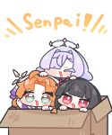  3girls :3 black_hair blunt_bangs blush_stickers box bright_pupils cardboard_box chibi chibi_only chisa_(wuthering_waves) closed_eyes commentary_request english_text green_eyes halo highres in_box in_container long_hair looking_at_viewer mornye_(wuthering_waves) multiple_girls open_mouth orange_hair parted_bangs purple_hair red_eyes sigrika_(wuthering_waves) simple_background smile syurikenmaru white_background white_pupils wuthering_waves 