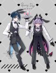  2boys absurdres alternate_costume animal_ear_hairband animal_ears argyle_background arm_at_side belt belt_buckle black_belt black_bow black_bowtie black_eyes black_gloves black_hair black_horns black_pants black_shoes black_tail black_vest blue_gem blunt_ends bow bowtie bright_pupils buckle bunny_day butler choppy_bangs coattails collared_shirt colored_eyelashes colored_inner_hair commentary_request cropped_vest crossed_bangs cup dragon_boy dragon_horns dragon_tail dragon_wings dress_shirt dress_shoes durin_(genshin_impact) eyeliner fake_animal_ears fangs feathers frilled_shirt frills full_body gem genshin_impact glass gloves grey_background grey_hair hair_between_eyes hairband half_gloves hand_on_own_hip hand_up highres holding holding_tray horns juice lapels leaning_forward low_wings makeup middle_ring multicolored_hair multiple_boys notched_lapels open_mouth oxfords pants pink_tail pom_pom_(clothes) pondao4 purple_hair purple_horns rabbit_ears red_eyeliner red_eyes scaramouche_(genshin_impact) shirt shoes single_hair_intake smile spiked_tail suit_pants tail tailcoat teeth tray tsurime two-sided_horns undershirt vest vision_(genshin_impact) wanderer_(genshin_impact) white_pupils white_shirt wing_collar wings yellow_feathers 