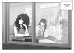  1girl absurdres black_hair closed_mouth drawstring elbow_on_table fidgeting from_outside greyscale hand_on_own_cheek hand_on_own_face highres kusujinn long_hair monochrome people reflection table window 
