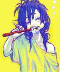  1girl bad_drawr_id bad_id black_hair brushing_teeth collarbone copyright_request holding holding_toothbrush jonpei looking_to_the_side medium_hair messy_hair oekaki open_mouth shirt short_sleeves single_off_shoulder solo squeans toothbrush upper_body yellow_background yellow_eyes yellow_shirt 