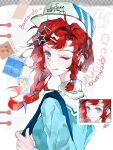  1girl :p ;p absurdres alternate_costume barcarola_(reverse:1999) baseball_cap blue_eyes blue_shirt bone_hair_ornament braid character_name chinese_commentary commentary_request earrings from_side hair_ornament hairclip hat highres holding_strap jewelry long_hair looking_at_viewer mole mole_under_eye multiple_expressions musical_note_earrings one_eye_closed reverse:1999 shirt solo star_(symbol) star_hair_ornament tongue tongue_out turning_head twin_braids upper_body white_hat wu_fuzuoyong 