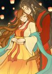  1boy 1girl absurdres agnea_bristarni alternate_costume black_hair brown_hair closed_eyes commentary_request couple dress fuwarenren hetero highres hikari_ku night octopath_traveler octopath_traveler_ii outdoors smile star_(sky) wavy_hair 