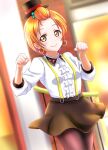  1girl bangs_pinned_back birthday black_hat black_pantyhose black_skirt boater_hat breasts center_frills commentary_request earrings frilled_shirt frills happy_birthday hat hello_hoshi_wo_kazoete highres hoop_earrings hoshizora_rin jewelry love_live! love_live!_school_idol_project love_live!_the_school_idol_movie official_alternate_costume orange_hair pantyhose shirt short_hair skirt small_breasts solo urusiyamaxdane1 white_shirt yellow_eyes 