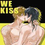  2boys arm_tattoo black_background black_hair blonde_hair buraikan_(paradox_live) english_text french_kiss highres jewelry kiss kuzuryu_chisei multiple_boys neck_tattoo paradox_live purple_eyes ring shingu_haruomi t4wzdbz4eoojvld tattoo topless_male yaoi yellow_background yellow_eyes yellow_text 