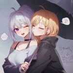  ... 3girls :d ;d absurdres ahoge bare_shoulders black_choker black_hoodie black_jacket black_umbrella blonde_hair blush breasts choker closed_eyes closed_mouth collarbone commentary earrings grey_hair grey_shirt hair_intakes hair_ornament hairclip highres holding holding_umbrella hood hood_down hooded_jacket hoodie hug hug_from_behind ine_(waktaverse) isegye_idol ivl0107 jacket jewelry jingburger jururu korean_commentary long_hair long_sleeves looking_at_another medium_breasts multiple_girls musical_note off-shoulder_shirt off_shoulder one_eye_closed open_clothes open_jacket open_mouth piercing ponytail purple_eyes purple_jacket rain shared_umbrella shirt smile spoken_blush spoken_ellipsis spoken_musical_note teeth umbrella upper_body upper_teeth_only virtual_youtuber waktaverse wet white_shirt yuri 