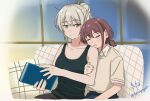  2girls black_tank_top brown_hair brown_shirt chinese_commentary closed_mouth commentary_request fantasy6gp677 girls_band_cry grey_eyes grey_hair highres iseri_nina kawaragi_momoka low_twintails multicolored_hair multiple_girls open_mouth roots_(hair) shirt short_hair short_sleeves short_twintails tank_top twintails yuri 