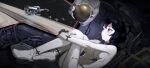  1girl black_hair blue_eyes breasts closed_mouth floating_liquid helmet highres hugging_own_legs mikan_lemon original short_hair solo space space_helmet unworn_headwear unworn_helmet zero_gravity 