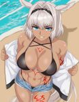  1girl abs absurdres animal_ears bare_shoulders bikini black_bikini blue_eyes blue_shorts body_markings breasts caenis_(fate) caenis_(unofficial_casual_wear)_(fate) cleavage commentary dark-skinned_female dark_skin fate/grand_order fate_(series) grin hair_intakes hairband highres jacket justcuyo large_breasts long_hair long_sleeves looking_at_viewer navel off_shoulder open_clothes open_jacket shore short_shorts shorts smile solo swimsuit thighs toned toned_female very_long_hair white_hair white_jacket 