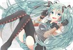  2013 absurdres boots bow bowtie character_name dated elbow_gloves gloves green_eyes green_hair hair_ribbon hatsune_miku highres long_hair open_mouth ribbon skirt solo thigh_boots thighhighs twintails very_long_hair vocaloid wrist_cuffs yukina_yotsuba 