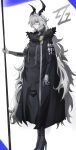  1girl absurdres black_coat black_horns closed_mouth coat commentary_request copyright_name flag full_body fur-trimmed_coat fur_trim grey_fur grey_hair hair_between_eyes heterochromia highres holding holding_flag horns iru_16o long_hair looking_at_viewer looking_to_the_side solo standing star-shaped_pupils star_(symbol) sunbringer_(original)_(zenless_zone_zero) symbol-shaped_pupils wavy_hair zenless_zone_zero 