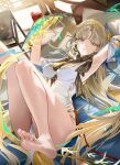 1girl absurdres arm_up armpits barefoot blonde_hair breasts chii_(chiiriring) chinese_clothes commentary dress feather_hair feet folding_fan gloves hair_ornament hair_stick hand_fan highres holding holding_fan indoors large_breasts long_hair looking_at_viewer lying on_back parted_bangs parted_lips qipao red_gloves soles solo suisui_(wuthering_waves) tacet_mark_(wuthering_waves) toes untranslatable_commentary white_dress wuthering_waves yellow_eyes 