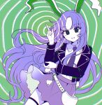  1girl @_@ alternate_eye_color animal_ears blazer collared_shirt commentary green_background green_eyes highres hypnosis hypnotizing_viewer jacket long_hair long_sleeves looking_at_viewer mind_control mozukuzu_(manukedori) necktie open_clothes open_jacket purple_necktie purple_skirt rabbit_ears rabbit_girl rabbit_tail reisen_udongein_inaba shirt skirt solo tail thigh_strap touhou twitter_username very_long_hair white_shirt 