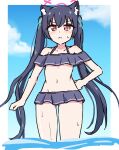  1girl :s animal_ear_fluff animal_ears arm_at_side ass_visible_through_thighs bare_shoulders bikini black_bikini black_hair black_skirt blue_archive blue_ribbon blue_sky blush border breasts cat_ears cat_girl closed_mouth cloud cloudy_sky collarbone commentary cowboy_shot curled_fingers day dot_nose double-parted_bangs extra_ears frilled_skirt frills furrowed_brow hair_between_eyes hair_ribbon halo hand_on_own_hip highres legs_apart long_hair looking_at_viewer medium_breasts navel ocean off-shoulder_bikini off_shoulder official_alternate_costume ojkaka20 outdoors pink_halo red_eyes ribbon ruffle_bikini serika_(blue_archive) serika_(swimsuit)_(blue_archive) skirt sky solo split_mouth standing stomach straight_hair swimsuit thighs tsurime twintails v-shaped_eyebrows very_long_hair wading wet white_border 